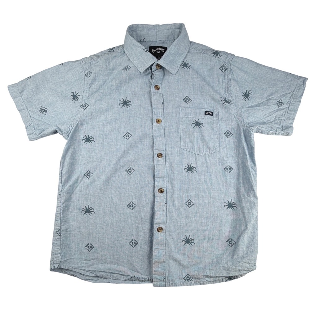 Billabong Boys Medium Blue Short Sleeve Tropical Palm Tree Button Down Shirt